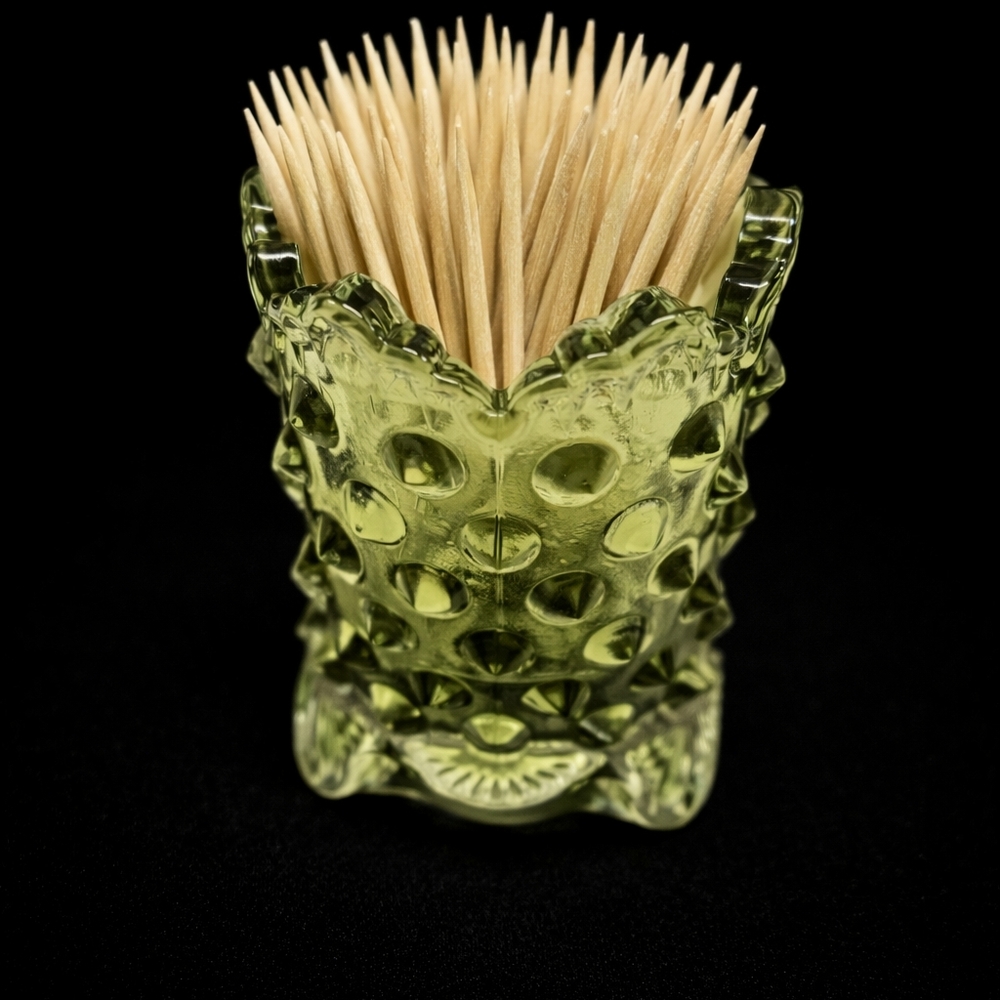 Vintage Feton / Habnail Green Glass Toothpick Holder. No Chips
